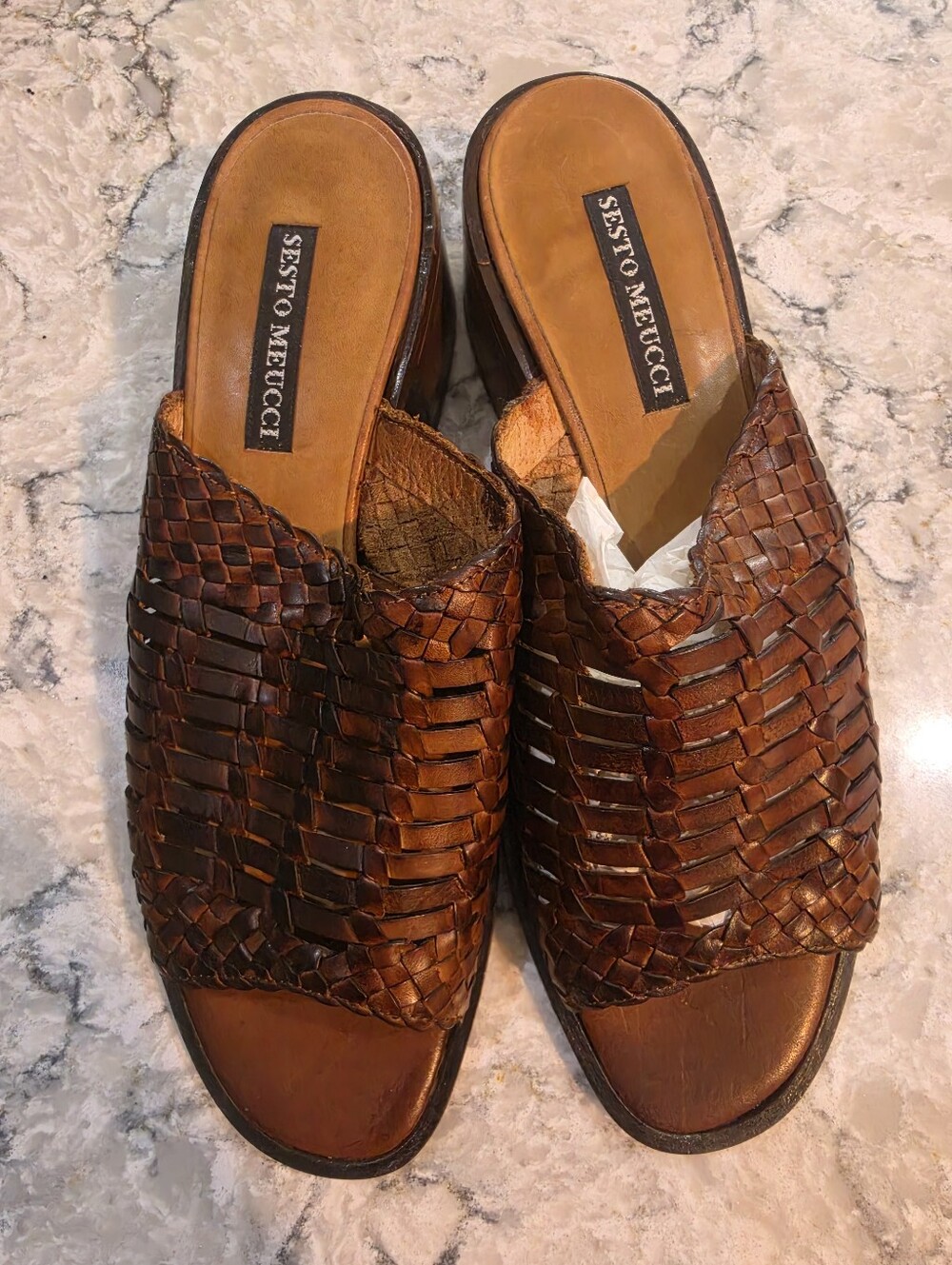 Sesto Meucci Womenβs Brown Woven Leather Slide Sandals